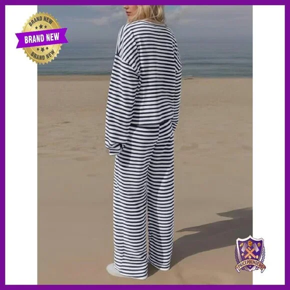 Striped Cotton Lounge Set Long Sleeve Tee Wide Leg Pants Size M - Picture 4 of 8